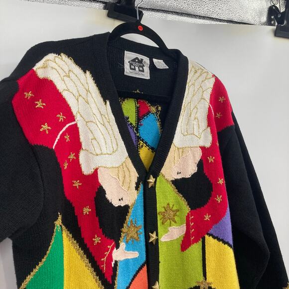 Vintage Storybook Knits Cardigan Sweater Angel Cathedral Patchwork Holiday 1X - Picture 5 of 11